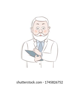 Vector illustration of a male doctor in a white coat holding a pen and Notepad.Сartoon design.