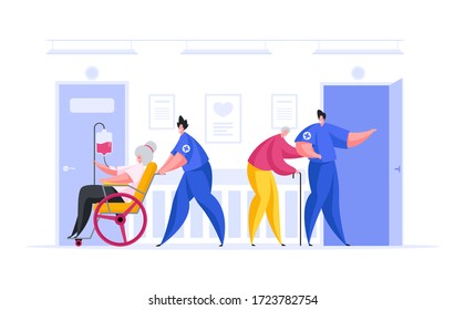 Vector illustration of male doctors helping senior people in wheelchair and with cane to move in hallway of modern people