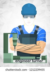 Vector illustration of a male engineer turner in safety helmet and goggles, standing with arms crossed next to an industrial lathe machine. Industrial profession in flat design.