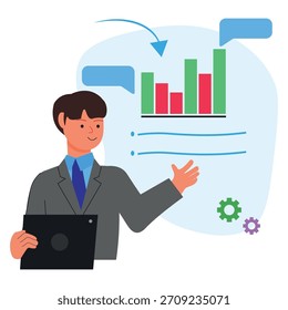 Ilustración vectorial del ejecutivo masculino que presenta datos estadísticos