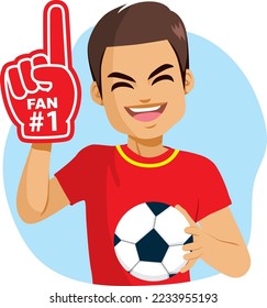 Vector illustration of male fan rooter with favorite team shirt and soccer ball