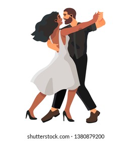 Vector illustration of male and female dancer practicing ballroom dancing. A pationate couple dancing tango in a studio, party or competition.