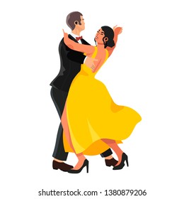 Vector illustration of male and female dancer practicing ballroom dancing. A pationate couple dancing tango in a studio or competition.