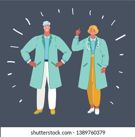 Vector illustration of Male and female doctors isolated on dark background. Man and woman professional on dark background.