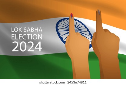 Vector illustration of male and female fingers marked with blue ink set against the backdrop of the Indian flag, civic duty, electoral participation, the right to vote and democratic engagement