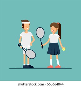 Vector illustration male and female kids tennis players in sport uniforms. Couple of equipped tennis players children in white clothes with tennis racque, ball. Sport recreation.
