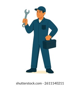 Vector illustration of a male and female mechanic in uniform holding a wrench, representing repair and maintenance professions in a modern flat style