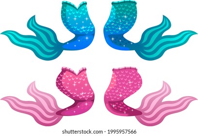 Vector illustration of male and female mermaid tails, pink and blue with glitters and gradients.