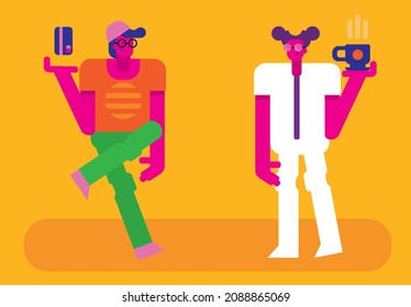 Vector illustration of male and female minimalist futuristic flat characters in the cafe. Man showing his credit card, woman carries a cup of coffee. Orange background