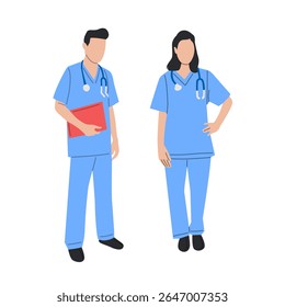Ilustração vetorial de enfermeiras masculinas e femininas em esfoliantes com estetoscópios. Ideal para projetos com temas de saúde, hospitais ou profissões médicas.