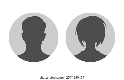 Vector illustration of male and female silhouettes in circular frames. Suitable for avatars, profiles, icons or UI elements.