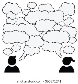 vector illustration / male and female / speech bubbles