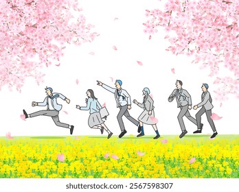 Vector illustration of a male and female student running along a bank of cherry blossom trees and rape blossoms - full body - graduation and entrance - people vector illustration white background