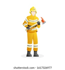 Vector illustration Male firefighter holding an axe. Man who work as firefighter flat vector illustration