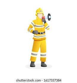 Vector illustration Male firefighter holding loudspeaker or megaphone. Man who work as firefighter flat vector illustration