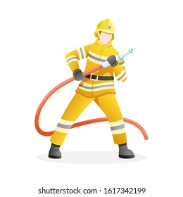 Vector illustration Male firefighter put out fire with water hose. Man who work as firefighter flat vector illustration