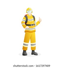 Vector illustration Male firefighter with standing pose raised his thumb. Man who work as firefighter flat vector illustration