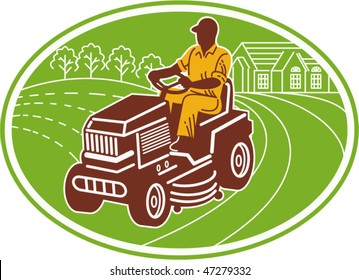 Vector Illustration Of A Male Gardener Riding Lawn Mower Set Inside An Oval.