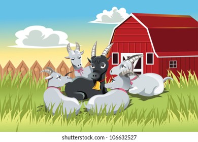 A vector illustration of a male goat surrounded by female goats in a farm