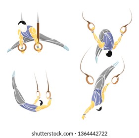 Vector illustration of a male gymnast performing dynamic routines on still rings, showcasing advanced acrobatic moves, balance, and strength in artistic gymnastics.