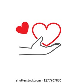 Vector illustration of a male hand of big and small heart. Set of vector symbols. The guy gives with hand and heart and also the love. Flat design Monochrome