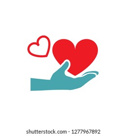 Vector illustration of a male hand of big and small heart. Set of vector symbols. The guy gives with hand and heart and also the love. Flat design Monochrome