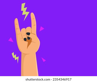 Vector illustration of male hand close-up on a pop art background shows hand ing Rock'n'roll gesture