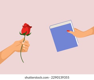 Vector illustration of male hand exchanging presents with female hand. Boyfriend showing love to girlfriend celebrating Diada de Sant Jordi ( Saint George's Day) offering rose to her and book to him