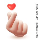 Vector illustration of male hand gesture sign i love you with red heart on white color background. 3d mesh style emoji design of man white skin hand for web, banner, poster, print