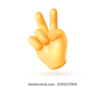 Vector illustration of male hand gesture sign v on white color background. 3d mesh style emoji design of yellow man hand for web, banner, poster, print. 