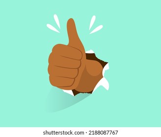 Vector illustration of male hand making thumb up gesture through paper hole