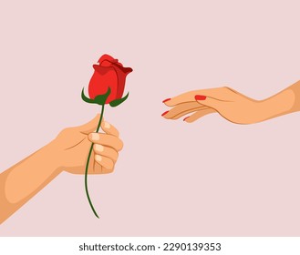 Vector illustration of male hand offering red rose to female hand. Boyfriend showing love to girlfriend celebrating Diada de Sant Jordi ( Saint George's Day)