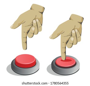 Vector Illustration Of Male Hand Pushing A Red Button With A Index Finger Over White Background.