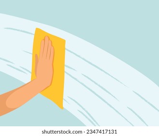 Vector illustration of male hand using yellow wipe. Man arm cleaning