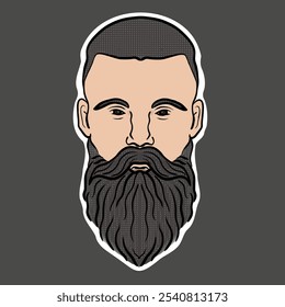 Ilustração vetorial da cabeça masculina com barba e bigode e fundo escuro. Retrato de um homem barbudo e bigode com cabelo escuro. Retrato masculino abstrato, rosto completo.