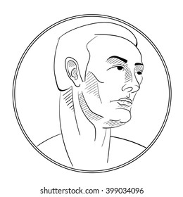 vector illustration of a male head in circle in a vintage style. for banner, store signs, design postcards, menus, business cards