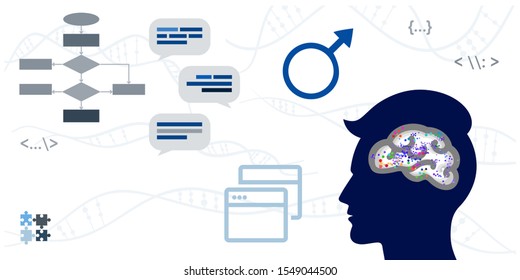 vector illustration of male head silhouette with brain and DNA for thinking algorithm visuals 