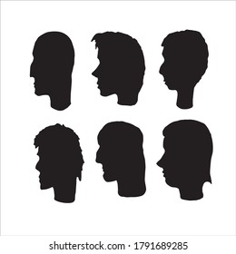 Vector illustration of male head silhouettes. Set of six head silhouettes isolated on white background. Side view.