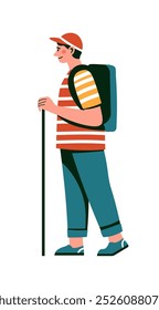A vector illustration of a male hiker wearing a striped shirt and cap, isolated on a white background. Flat style design.