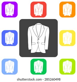 Vector illustration of male jacket icon. Flat color design isolated on white background. Button set.