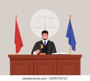 Vector illustration of a male judge. Cartoon scene of a judge in a robe, holding a wooden gavel, sitting at the judge's table, an open book, red and blue flags, scales of justice, measures.