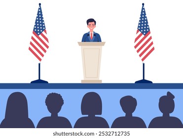 Vector illustration of a male leader speaking behind a podium with flags and audience silhouettes.