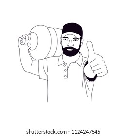 vector illustration a male loader carries a big bottle of water on his shoulder, a bearded man lifted a thumbs up,linear design