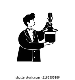 Vector illustration of a male magician pulling a hare out of a hat. Outline