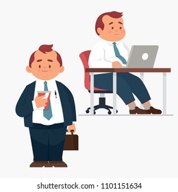 vector illustration of male/ man fat worker standing bring a cup of soda. Fat man sitting in front of his laptop/computer