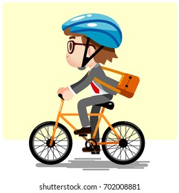Vector illustration of male, man, guy character riding bicycle.