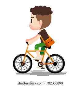 Vector illustration of male, man, guy character riding bicycle isolated on white background.