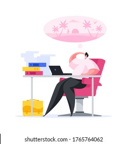 Vector illustration of male manager sitting at working table in office busy with current deadlines and dreaming about holidays on seashore