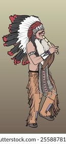 Vector Illustration of a male Native American Musician playing a wind instrument with feathered headdress