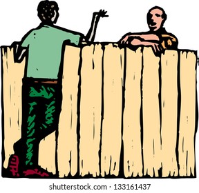 Vector Illustration Of Male Neighbors Talking Over Fence